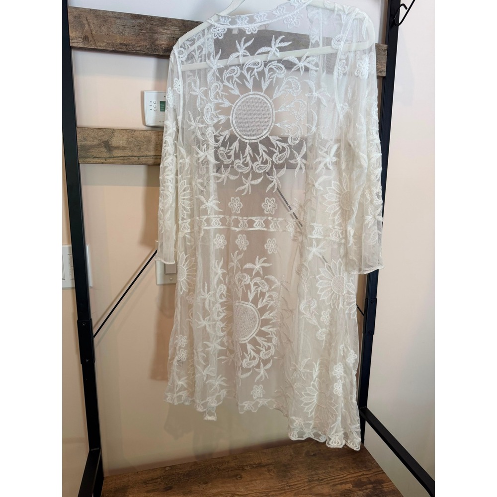 Soft Surroundings White Embroidered Lace Kimono Duster Vintage Style Mesh Medium - Picture 4 of 4
